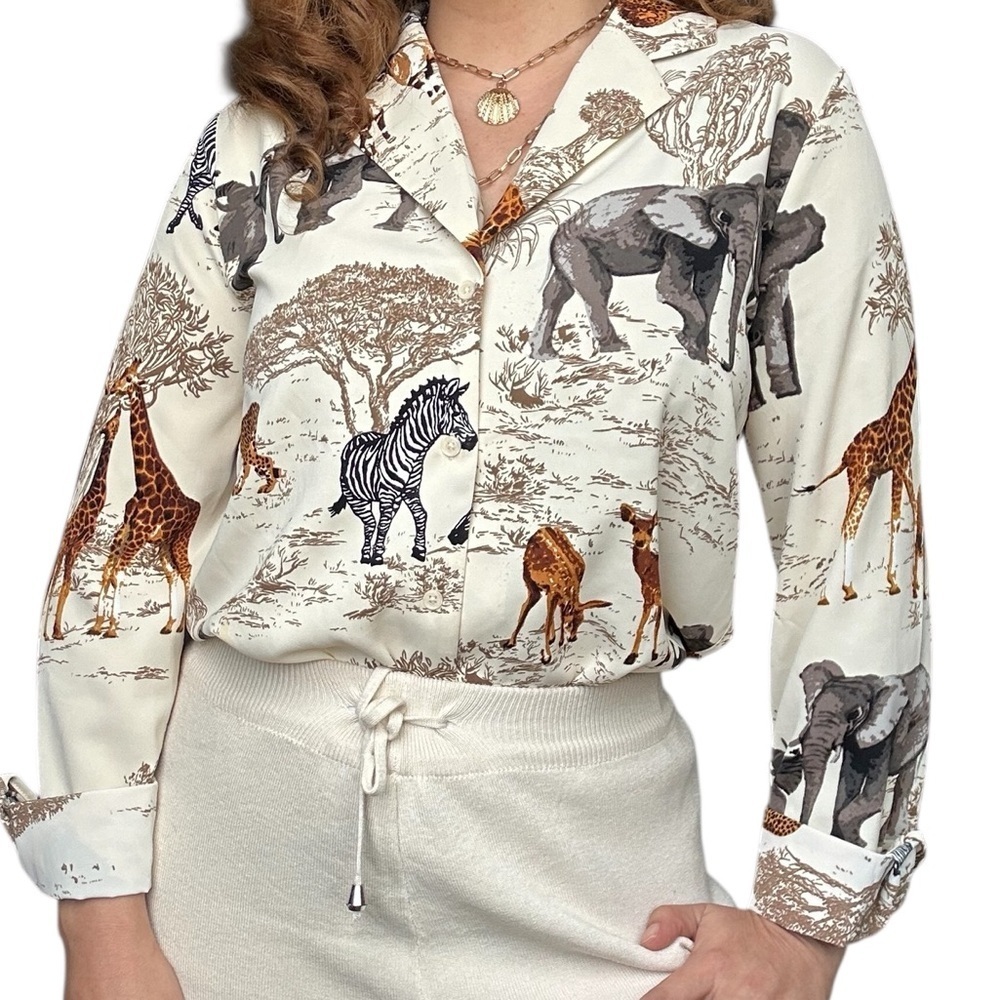 Rachel Zoe Cream Animal Print Blouse XS – Safari-Inspired Design - Picture 3 of 8